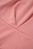 Pink Casual Work Elegant Solid Fold O Neck Wrapped Skirt Dresses