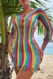 Kleur sexy doorboord kwastje patchwork doorzichtige swimwears cover-up