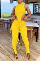 Yellow Casual Solid Asymmetrical Turtleneck Sleeveless Two Pieces