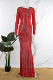 Vestido de noite formal vermelho sexy para festa com perfuração a quente patchwork broca quente com decote em O