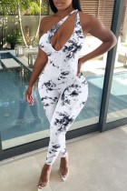 Witte sexy print backless schuine kraag skinny jumpsuits