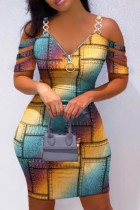 Farbe Sexy Print Patchwork rückenfrei V-Ausschnitt Kurzarm Kleid Kleider