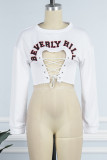White Sexy Casual Street Letter Patchwork Cut Out Strap Design O Neck High Waist Tops