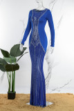 Azul sexy fiesta formal perforación en caliente patchwork malla taladro caliente o cuello vestido de noche vestidos