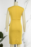 Yellow Casual Work Elegant Solid Fold O Neck Wrapped Skirt Dresses