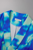 Blå Sexig Casual Work Elegant Tie Dye Patchwork Knappar Slits Back-back krage Långärmad Två delar