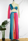 Colore dell'arcobaleno Sexy Casual Elegante a strisce Accessori in metallo Decorazione Colletto asimmetrico Manica lunga Due pezzi