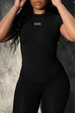 Black Casual Sportswear Solid Basic O Neck Short Sleeve Two Pieces