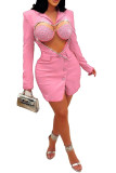 Pink Sexy Party Elegant Patchwork Hot Drilling V Neck Asymmetrical Dresses