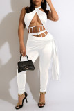White Sexy Solid Patchwork See-through Zipper Halter Sleeveless Two Pieces