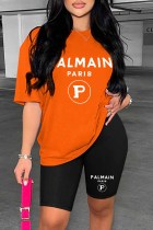 Orange Casual Print Letter O Neck Short Sleeve Two Pieces T-shirt Tops And Short Set