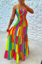 Kleur sexy casual print patchwork backless spaghetti band lange jurk jurken