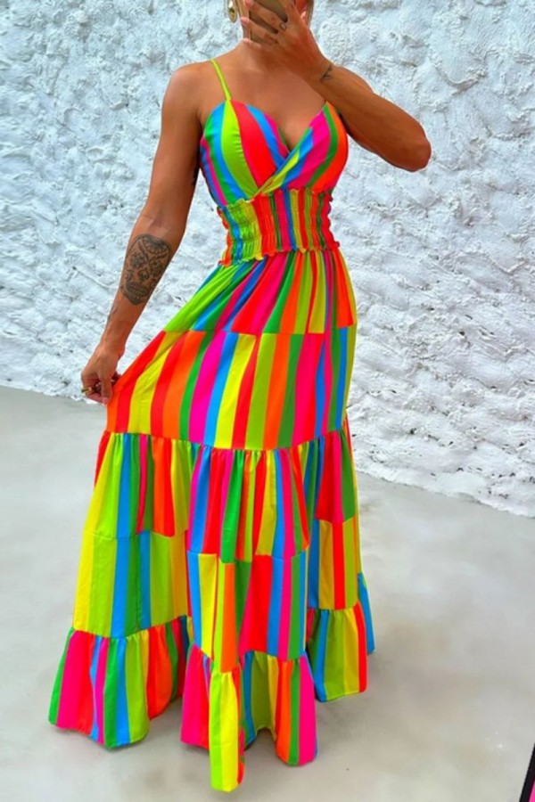 Kleur sexy casual print patchwork backless spaghetti band lange jurk jurken