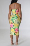 Gele sexy print backless strapless mouwloze jurkjurken