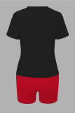 Черный Красный Уличный принт Пэчворк О-образный вырез С короткими рукавами Из двух частей