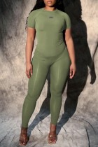 Grüne lässige Sportbekleidung, einfarbig, Basic, O-Ausschnitt, kurze Ärmel, Zweiteiler