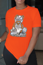 オレンジストリートキュートプリントパッチワークOネックTシャツ