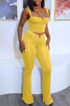 Yellow Casual Daily Vacation Plain Solid Color Square Collar Two Pieces Tank Crop Tops And Pants Sets