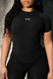 Черный Повседневная спортивная одежда Однотонный Базовый О-образный вырез С коротким рукавом Из двух частей