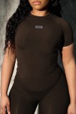 Coffee Casual Sportswear Solid Basic O Neck Short Sleeve Two Pieces