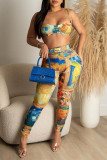 Multicolor Sexy Street Party Print Sleeveless Two Pieces Tube Crop Tops And Pants Sets