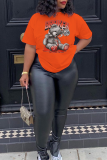 T-shirt O Neck patchwork con stampa carina quotidiana arancione
