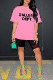 Green Casual Print Letter O Neck Short Sleeve Two Pieces