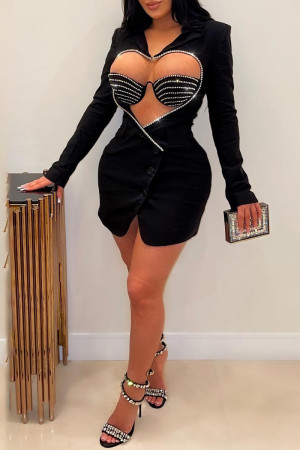 Black Sexy Party Elegant Patchwork Hot Drilling V Neck Asymmetrical Dresses
