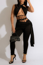 Black Sexy Solid Patchwork See-through Zipper Halter Sleeveless Two Pieces