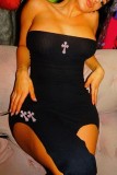 Черное сексуальное однотонное платье без бретелек с вырезом на спине и вышивкой