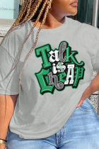 Camisetas con cuello en O de patchwork con estampado vintage de calle gris