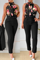 Black Casual Print With Belt Turtleneck Sleeveless Two Pieces