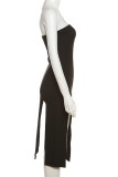 Black Sexy Solid Embroidered Backless Slit Strapless Dress Dresses
