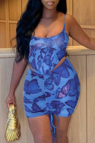 Blue Sexy Print Backless Spaghetti Strap Sleeveless Two Pieces