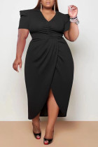 Black Casual Solid Patchwork Fold Asymmetrical V Neck Princess Plus Size Dresses