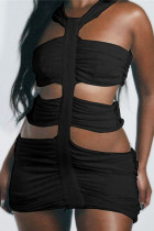 Schwarze, sexy, einfarbige, ausgehöhlte, einstufige Rockkleider mit V-Ausschnitt