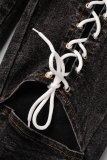 Schwarze, lässige, einfarbige, ausgehöhlte Frenulum-Jeans mit hoher Taille und Röhrenjeans