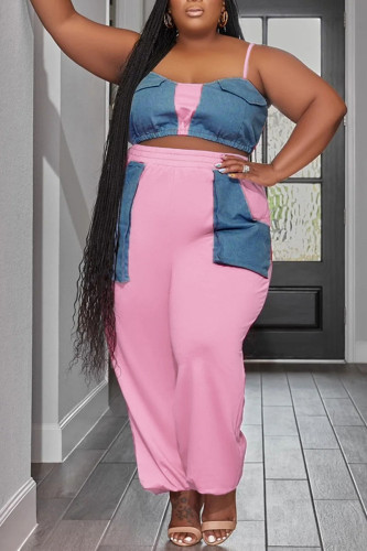 Pink Casual Solid Patchwork Spaghetti Strap Plus Size Two Pieces