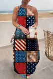 Multicolor Casual Flag Stars Print Floor Length Sleeveless Loose Cami Maxi Dress