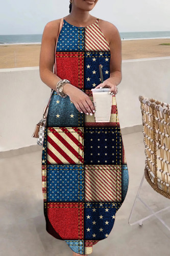 Multicolor Casual Flag Stars Print Floor Length Sleeveless Loose Cami Maxi Dress
