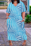 Robe bleu clair décontractée imprimée basique à col en V et manches courtes
