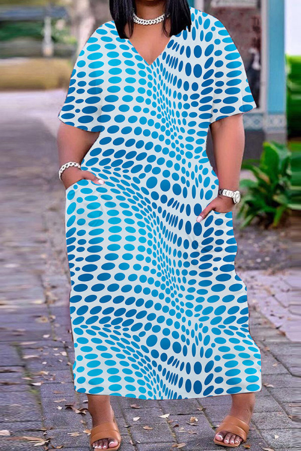 Blau Casual Print Basic V-Ausschnitt Kurzarm Kleid Kleider