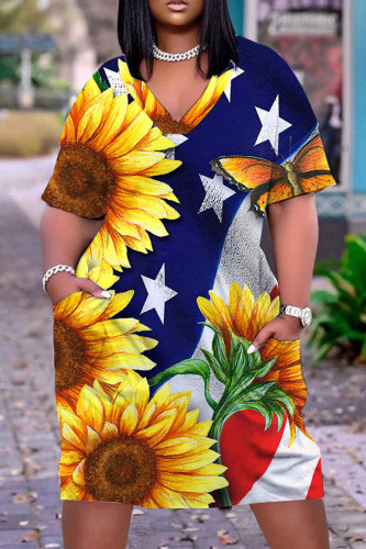 Yellow Blue Casual Flag Stars Print V Neck Short Sleeve African Loose Straight Midi Dress