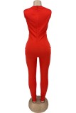 Roter, lässiger, einfarbiger Skinny-Jumpsuit mit O-Ausschnitt und Buchstaben