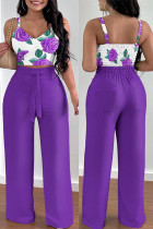Purple Elegant Print Solid Patchwork Pocket Frenulum Fold Spaghetti Strap Sleeveless Two Pieces Cami Crop Tops And Pants Sets