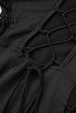 Negro Sexy Street Party Sólido Ahuecado Diseño de correa de apertura alta O Cuello Vestidos de falda de un paso