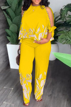 Yellow Casual Tropical Print Hollowed Out Frenulum O Neck Half Sleeve Two Pieces Tops And Pants Sets