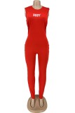 Red Casual Solid Letter O Neck Skinny Jumpsuits
