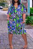 Turquoise casual print basic jurk met V-hals en korte mouwen