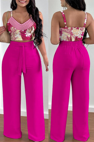 Rose Red Elegant Print Solid Patchwork Pocket Frenulum Fold Spaghetti Strap Sleeveless Two Pieces Cami Crop Tops And Pants Sets